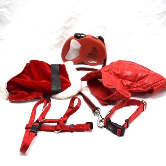 Five Piece Bundle Red Accessories for Small Dog Leash Collar Harness 2 Jackets - Picture 1 of 12